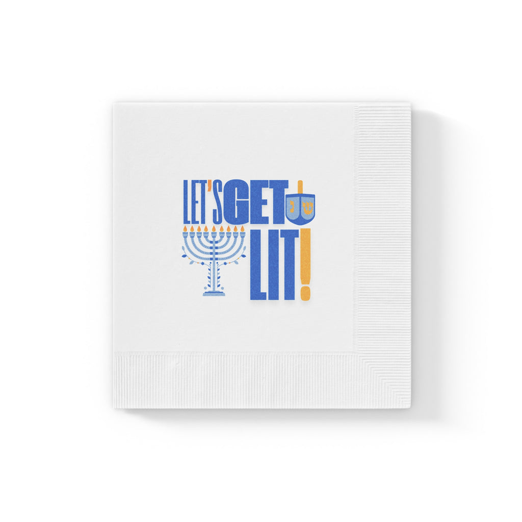 Hanukkah Napkins, Let's Get Lit White Coined Hanukkah Napkins