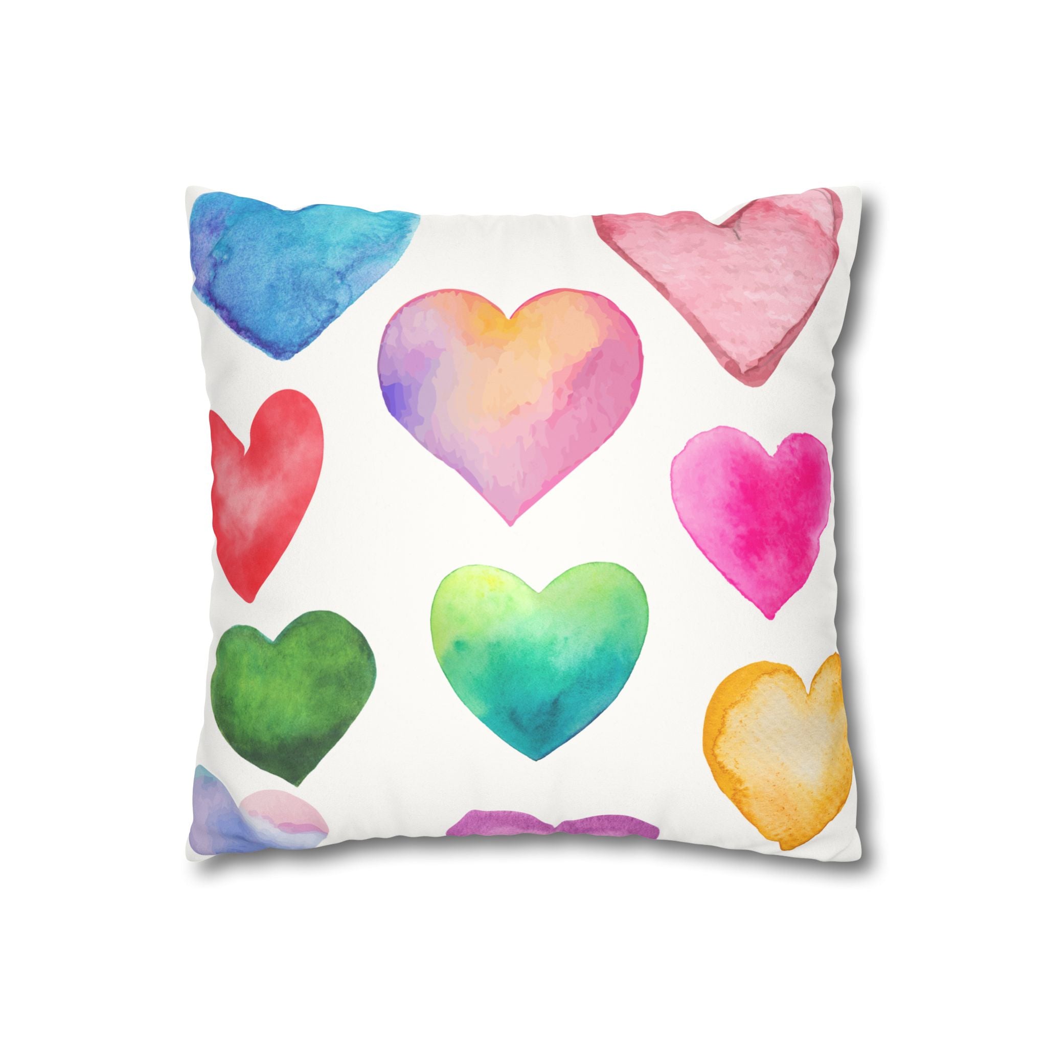 Valentines Decor Faux Suede Pillowcase, Colorful Hearts, Pastel Hearts, Square Pillow, Home Decor, Gift for Her, Valentines Day Decor