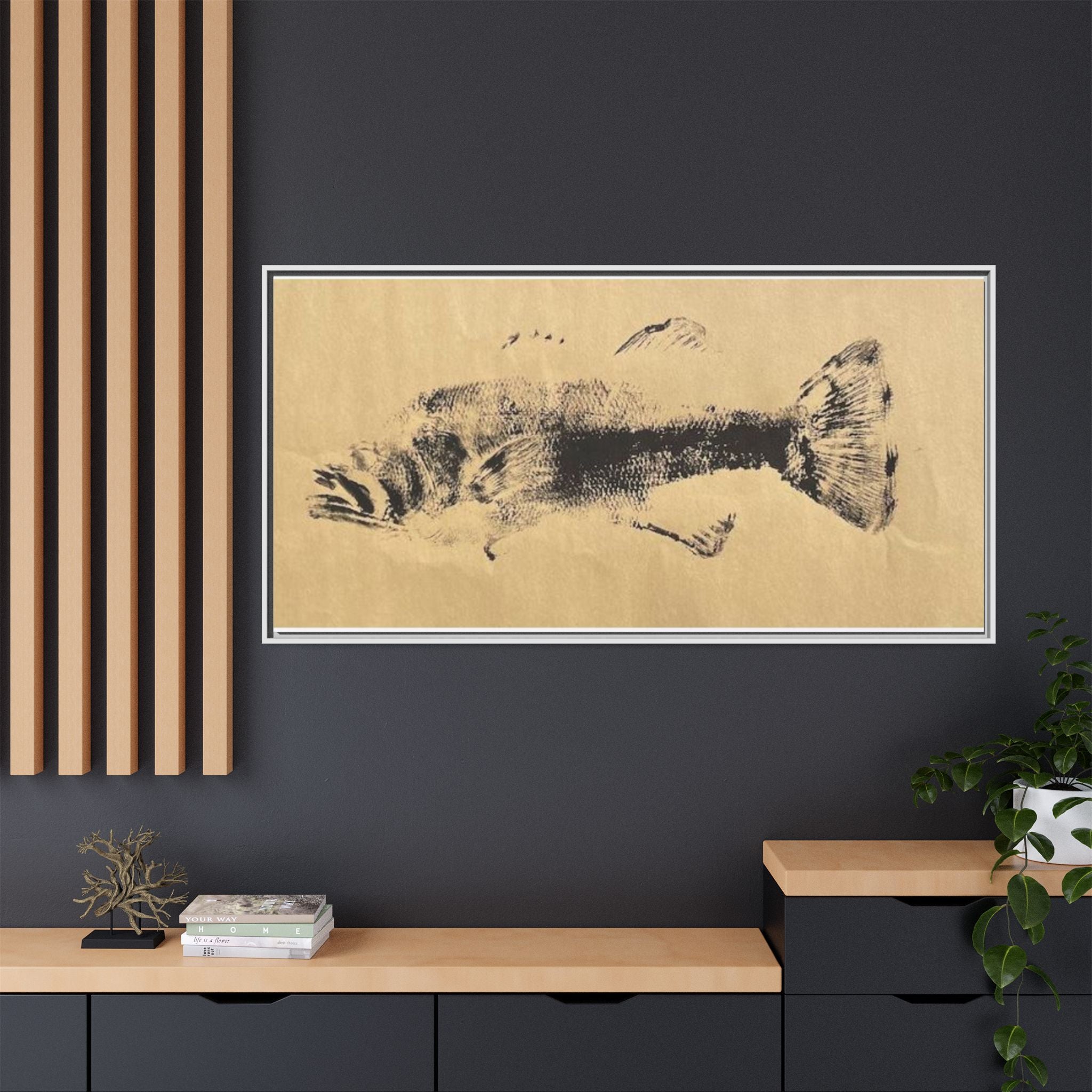Gyotaku Fish Matte Canvas, Framed Gyotaku print by rubbing the body of an inked fish