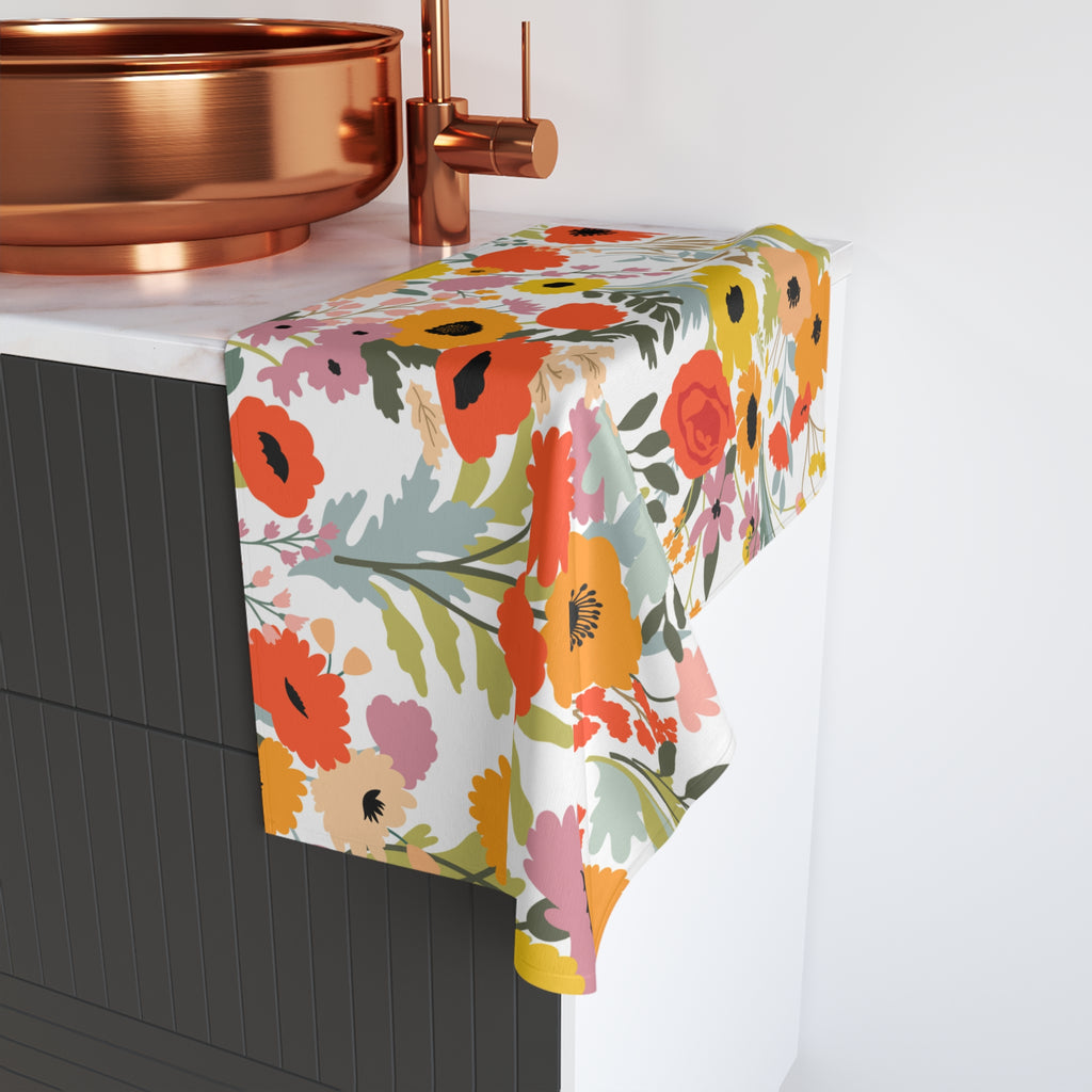 Floral Hand Towel - Nature Inspired Kitchen Decor, Garden Lovers Gift, Vibrant Orange Yellow Bathroom Towel, Bath or Kitchen Towel