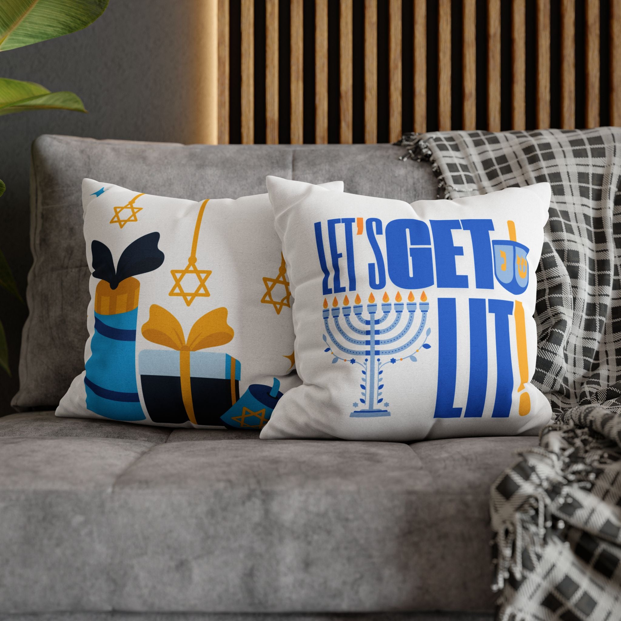 Hanukkah Decor Pillowcase, Let's Get Lit Chanukah Pillow Cover, Double Sided Hanukkah Decor