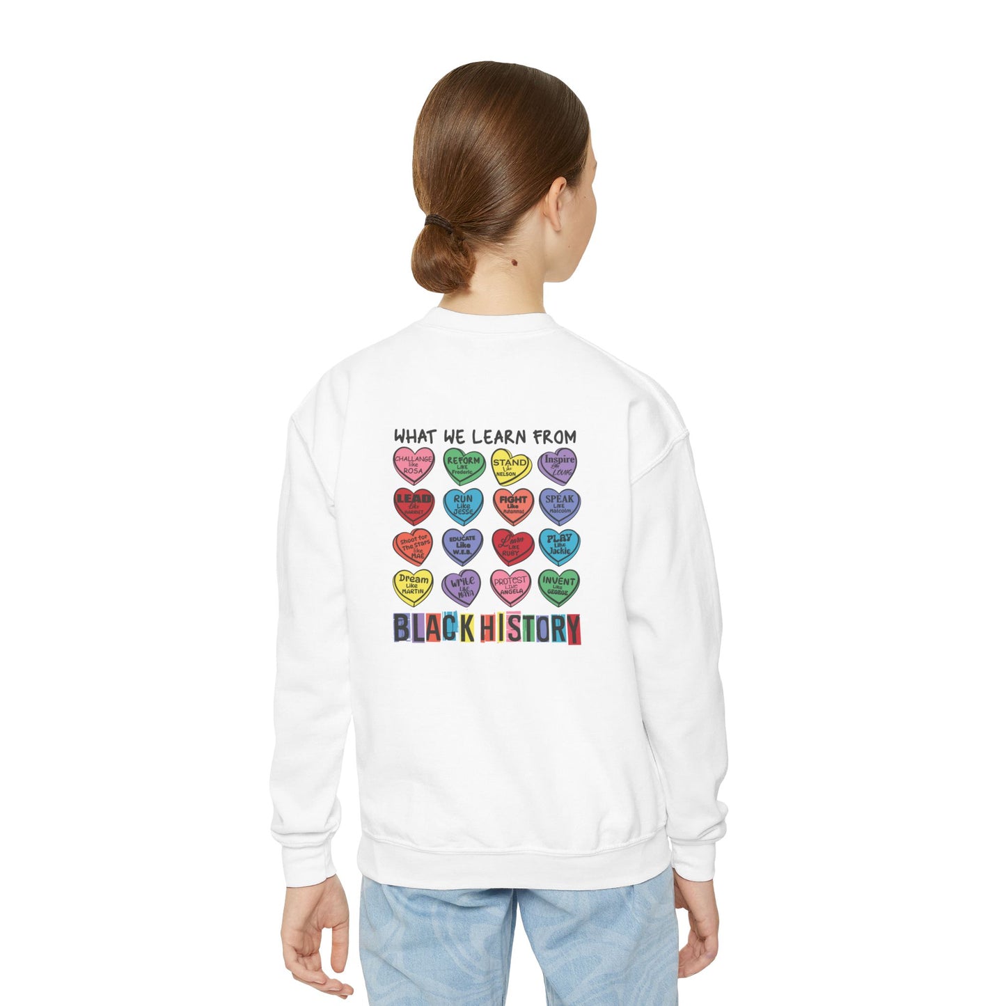 Black History What We Learn from Black History Candy Hearts Youth Crewneck Sweatshirt Polyester Loose Fit Black History Month