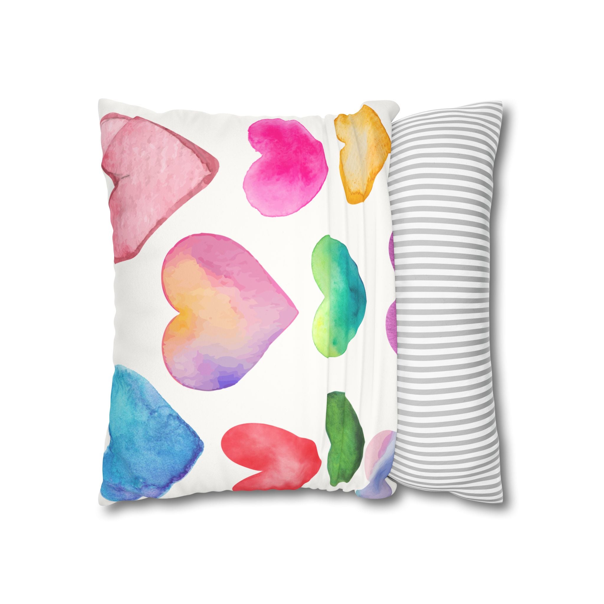 Valentines Decor Faux Suede Pillowcase, Colorful Hearts, Pastel Hearts, Square Pillow, Home Decor, Gift for Her, Valentines Day Decor