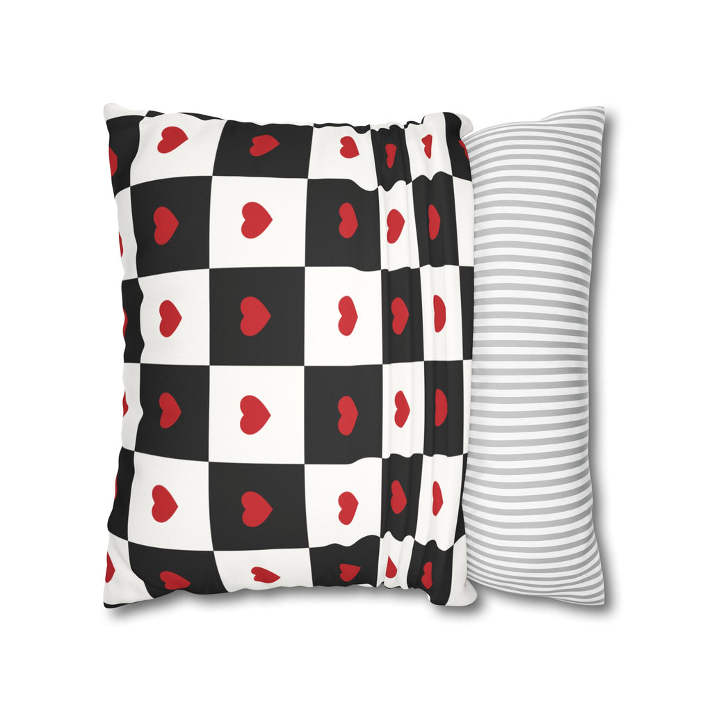 Valentines Pillowcase, Heart Pillow Cover, Checkered Decor, Faux Suede Cushion, Valentine's Day Gift, Square Throw Pillow, Love Home Decor