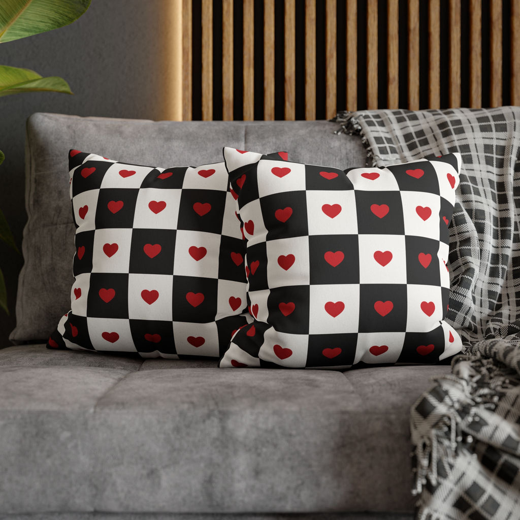 Valentines Pillowcase, Heart Pillow Cover, Checkered Decor, Faux Suede Cushion, Valentine's Day Gift, Square Throw Pillow, Love Home Decor