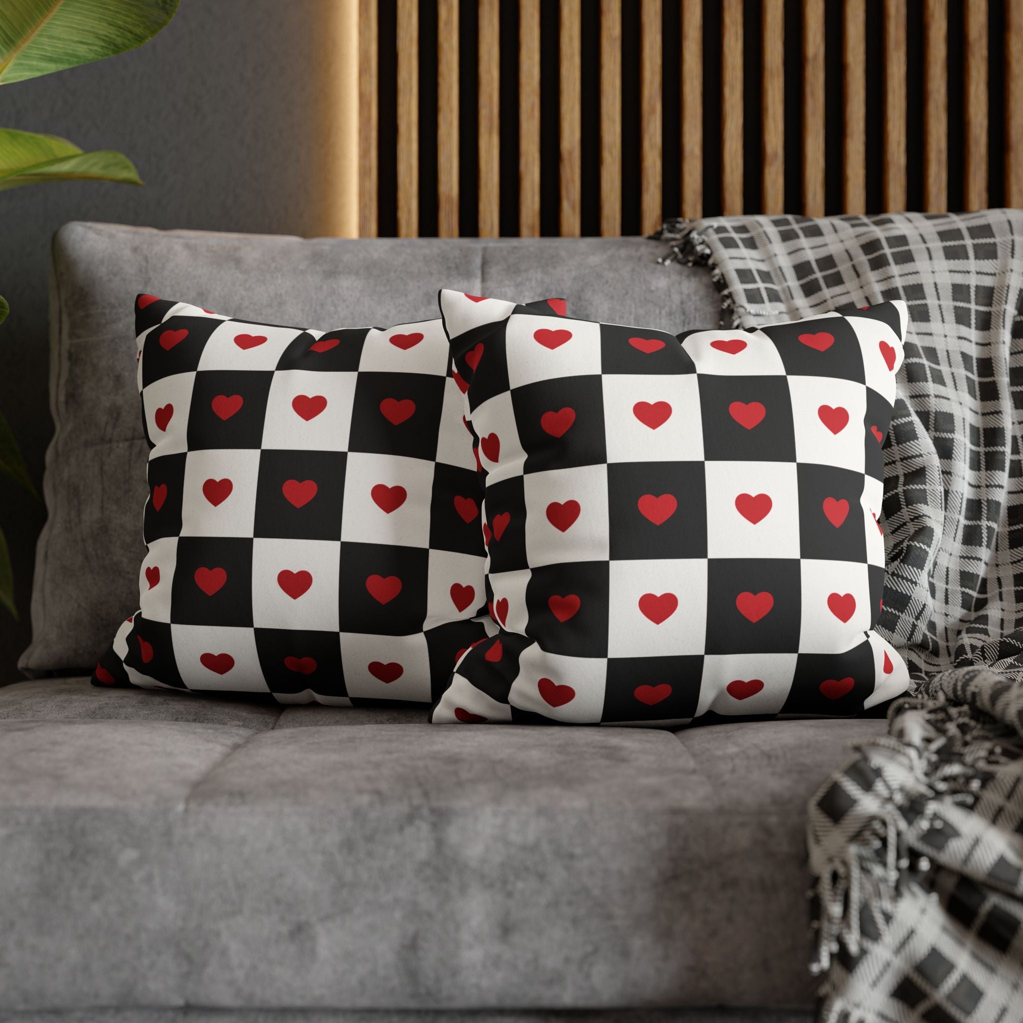 Valentines Pillowcase, Heart Pillow Cover, Checkered Decor, Faux Suede Cushion, Valentine's Day Gift, Square Throw Pillow, Love Home Decor