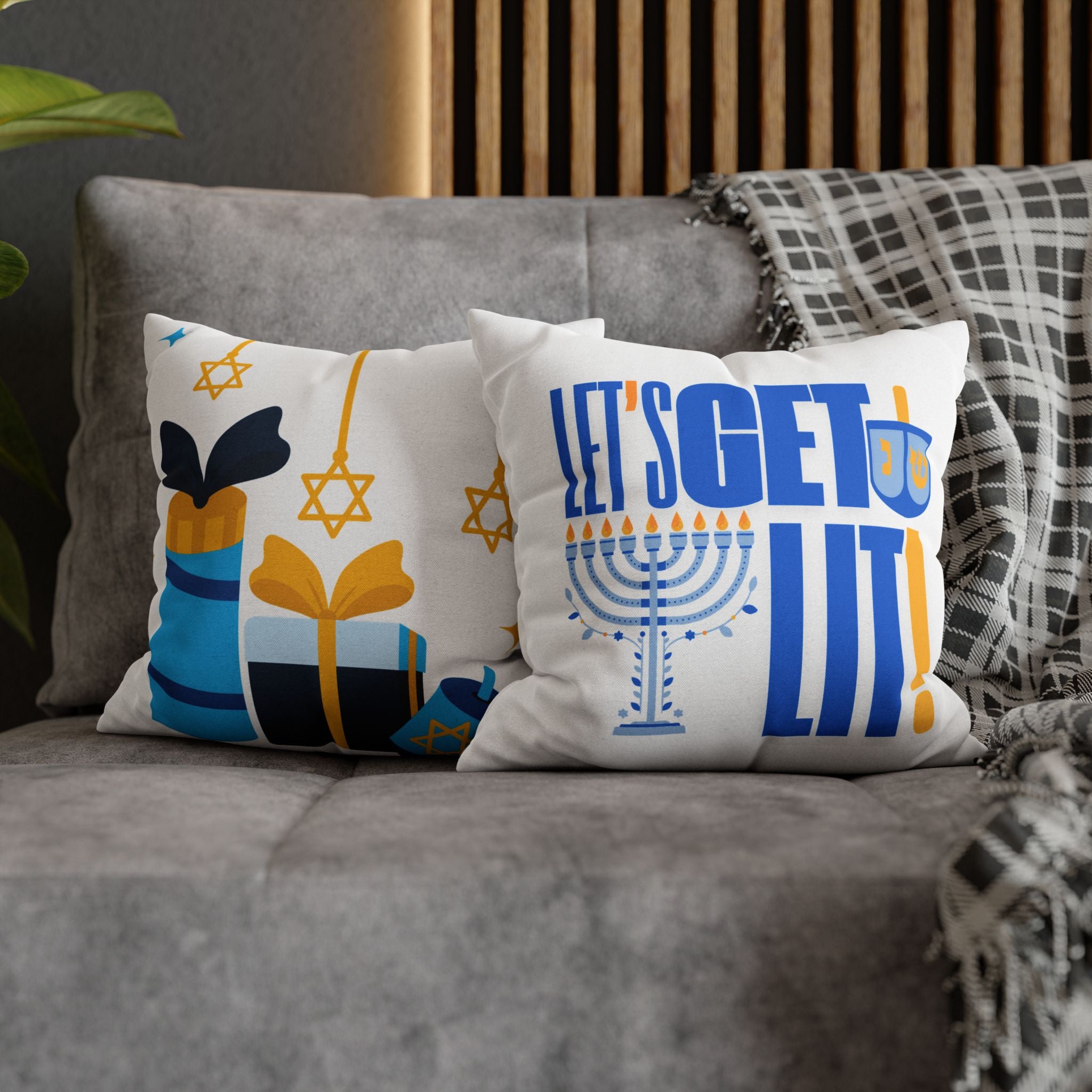 Hanukkah Decor Pillowcase, Let's Get Lit Chanukah Pillow Cover, Double Sided Hanukkah Decor
