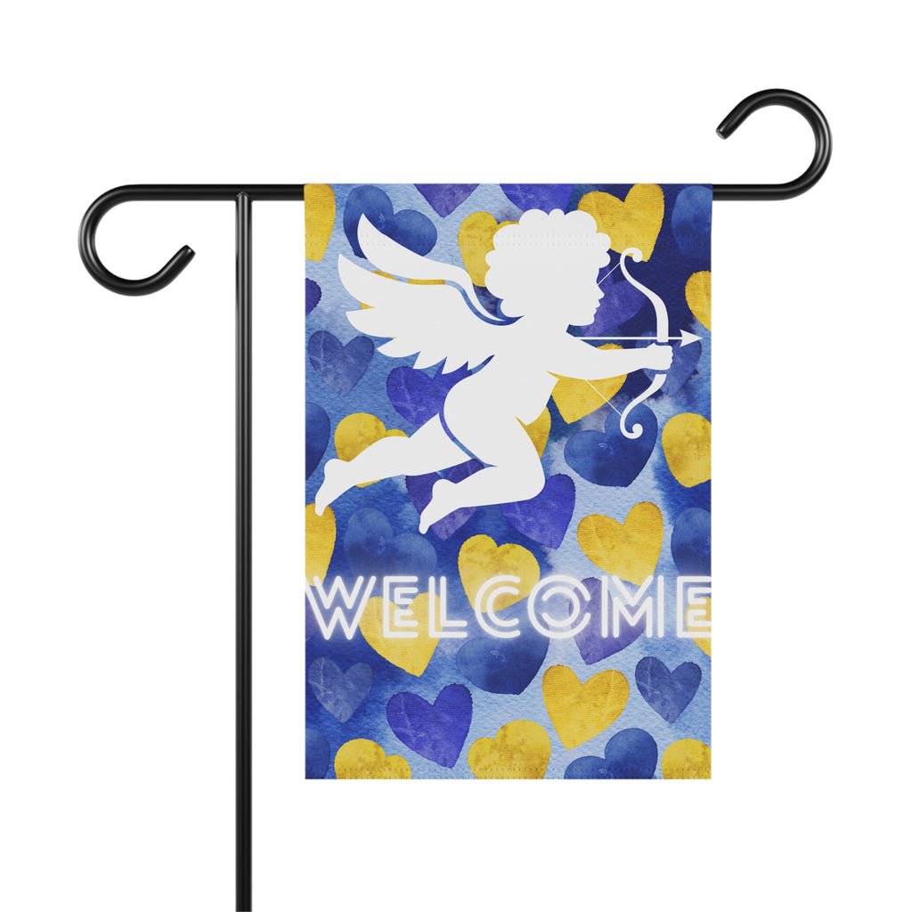 Cupid Valentine's Day Garden Flag Valentine's Day Welcome Flag Blue and Yellow Hearts