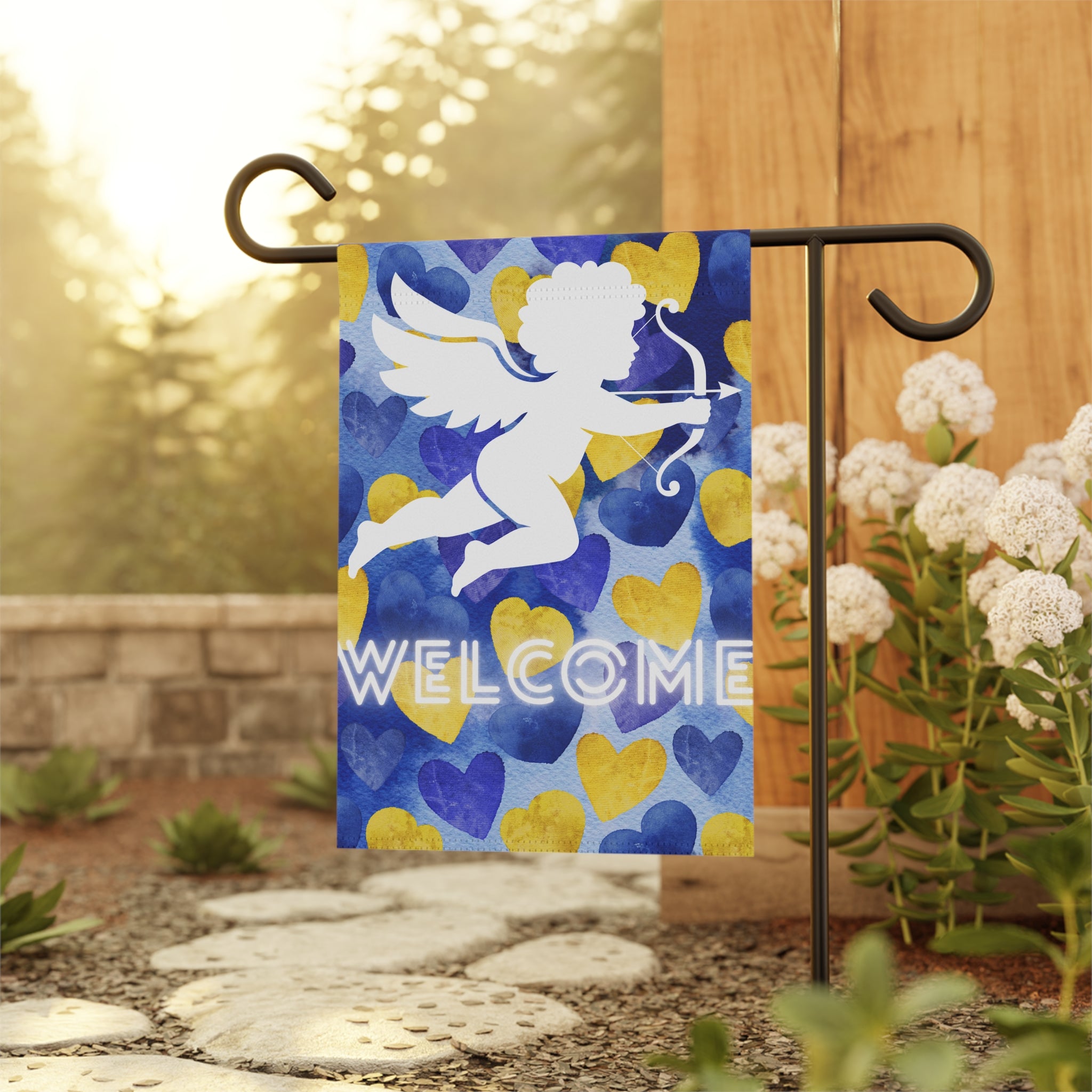 Cupid Valentine's Day Garden Flag Valentine's Day Welcome Flag Blue and Yellow Hearts
