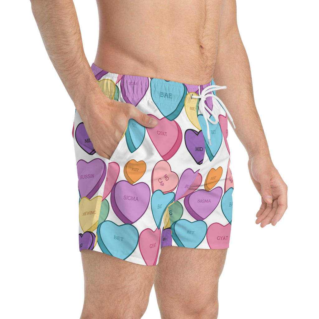 Candy Hearts Swim Trunks Valentines Vacation Wear