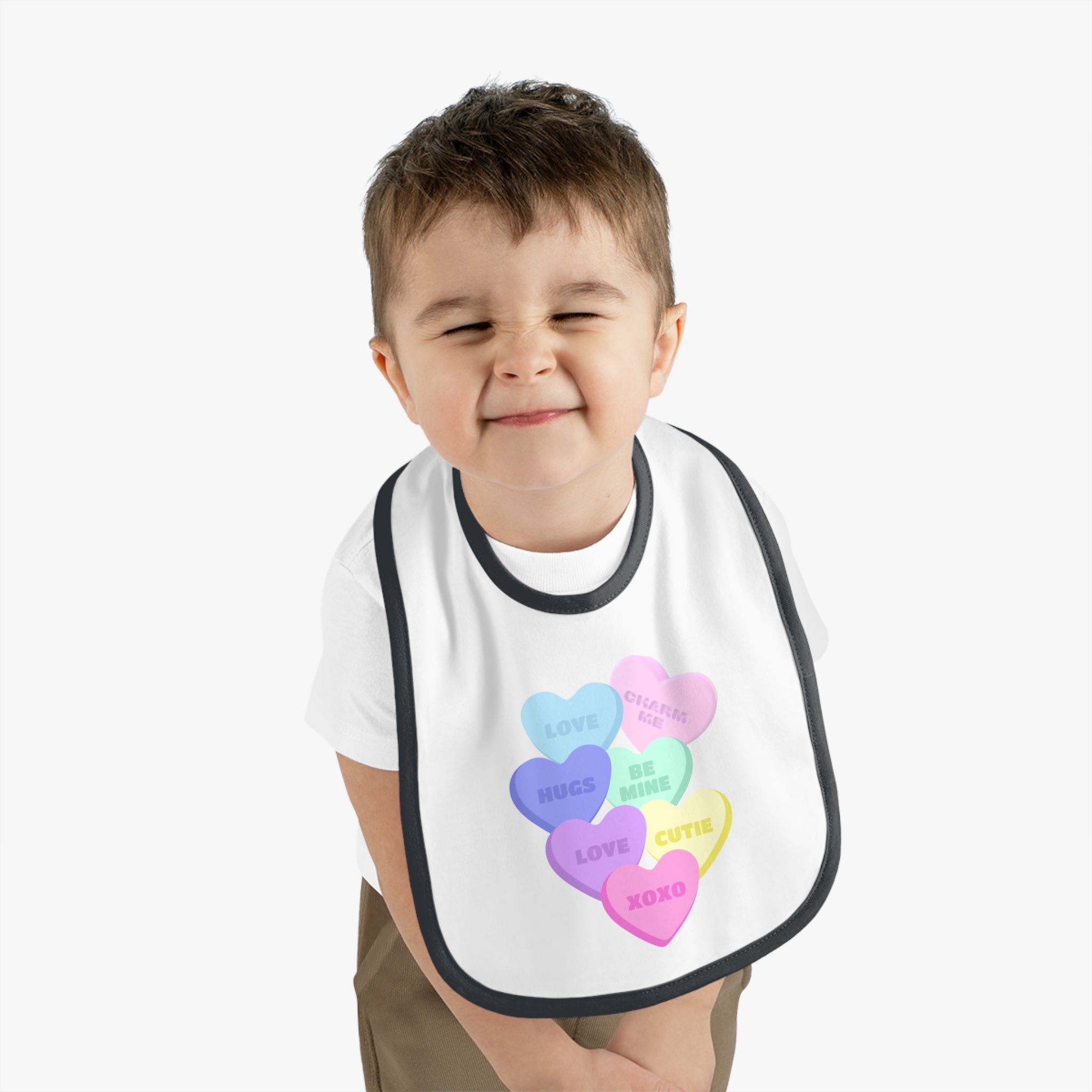 Candy Hearts Valentines Bib Baby Bib for Valentine's Day Baby Contrast Trim Jersey Bib