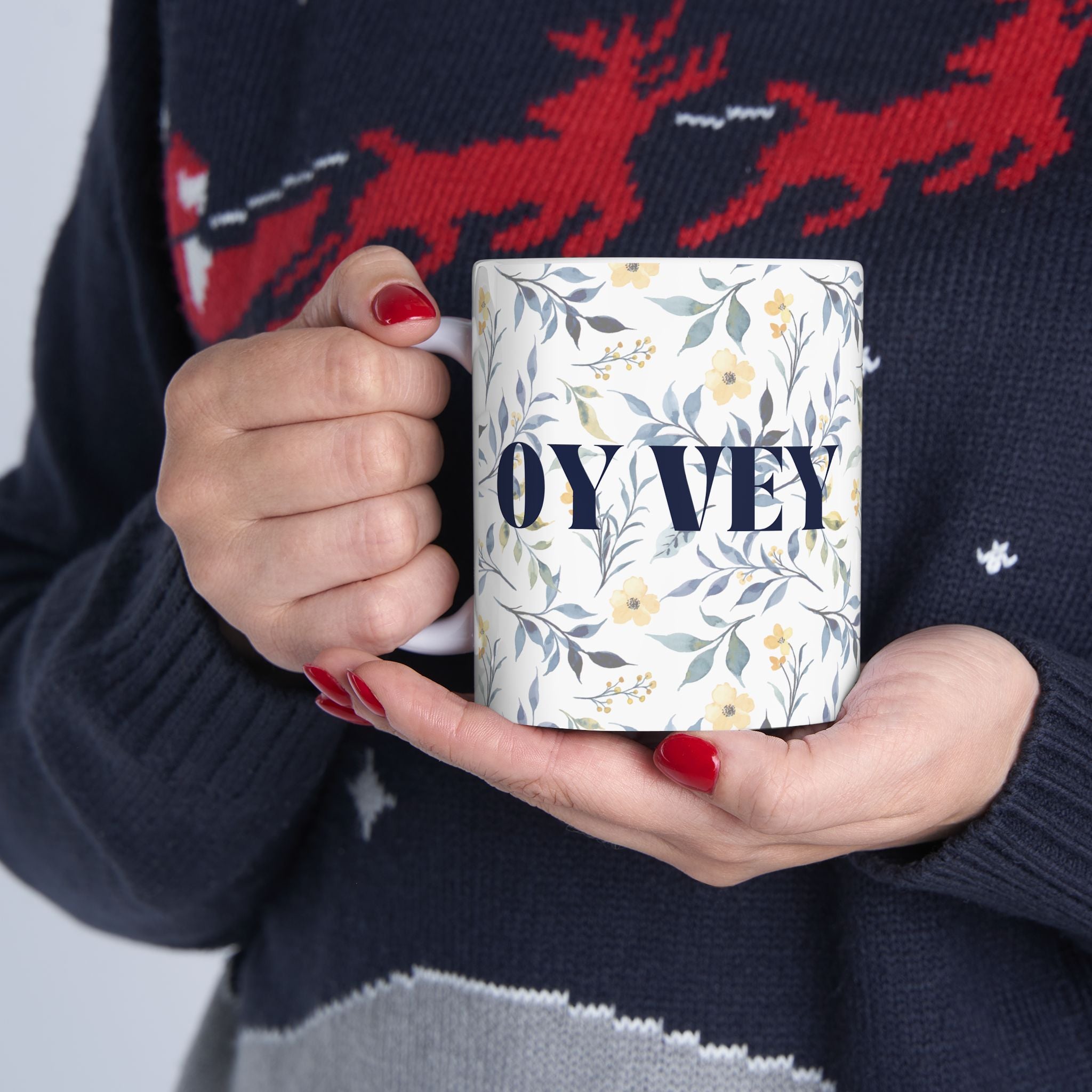 Oy Vey Floral Ceramic Mug, Tea Coffee Cup Gift,Jewish Mug Floral Pattern Mug for Jewish Gifts, Oy Vey Yiddish Gifts