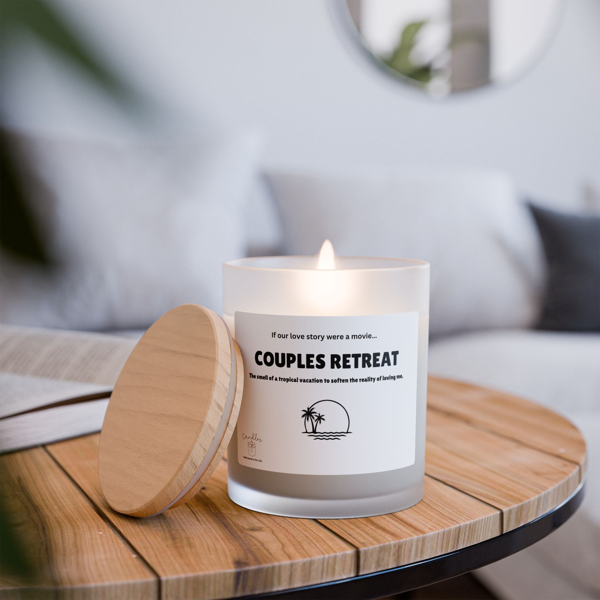 Couples Retreat Frosted Glass Candle, 11oz If Our Love Story Were a Movie Candle Unique Wooden Wick Candle Couples Gift