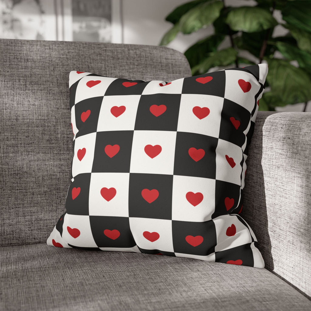Valentines Pillowcase, Heart Pillow Cover, Checkered Decor, Faux Suede Cushion, Valentine's Day Gift, Square Throw Pillow, Love Home Decor