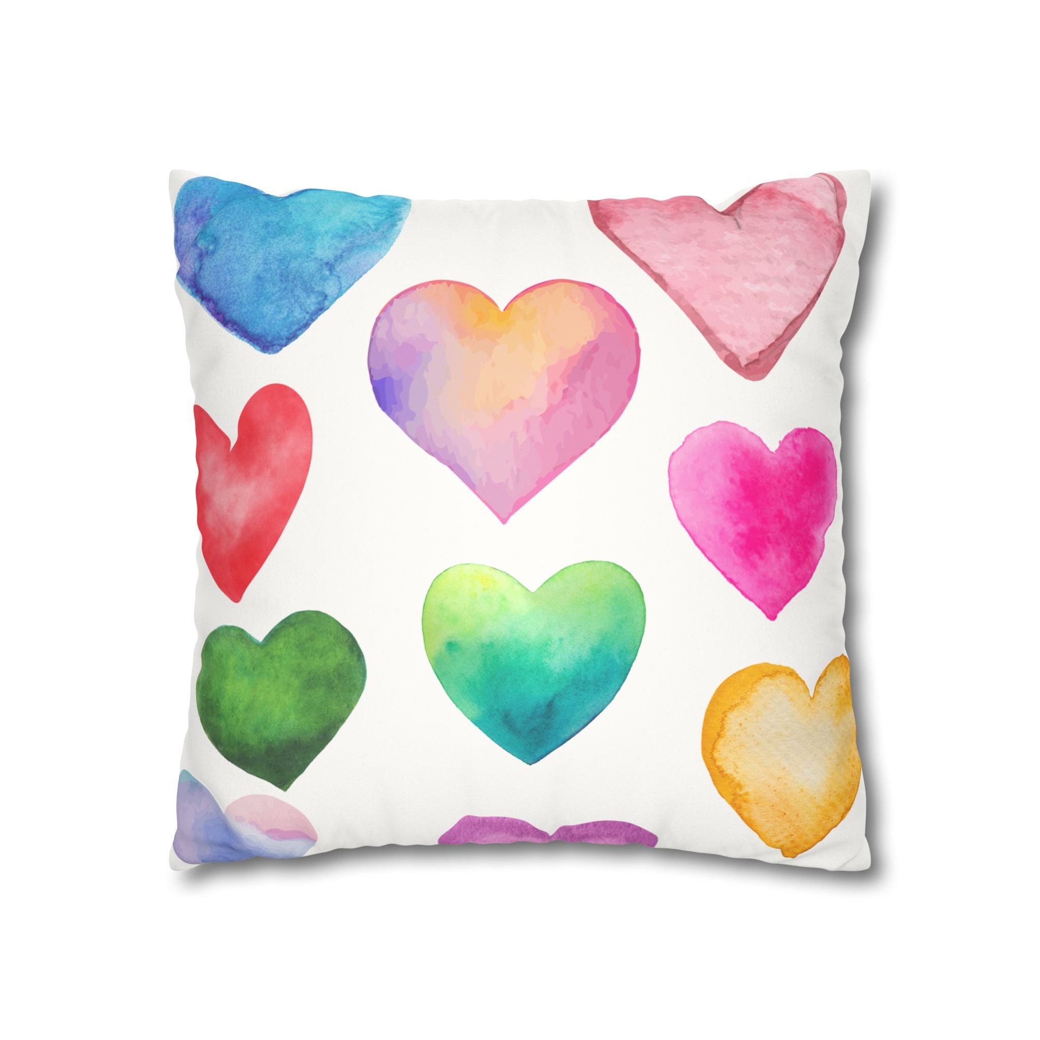 Valentines Decor Faux Suede Pillowcase, Colorful Hearts, Pastel Hearts, Square Pillow, Home Decor, Gift for Her, Valentines Day Decor