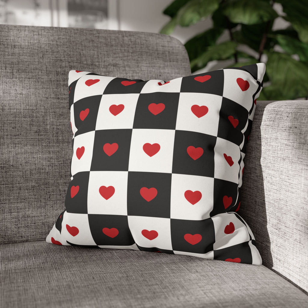 Valentines Pillowcase, Heart Pillow Cover, Checkered Decor, Faux Suede Cushion, Valentine's Day Gift, Square Throw Pillow, Love Home Decor