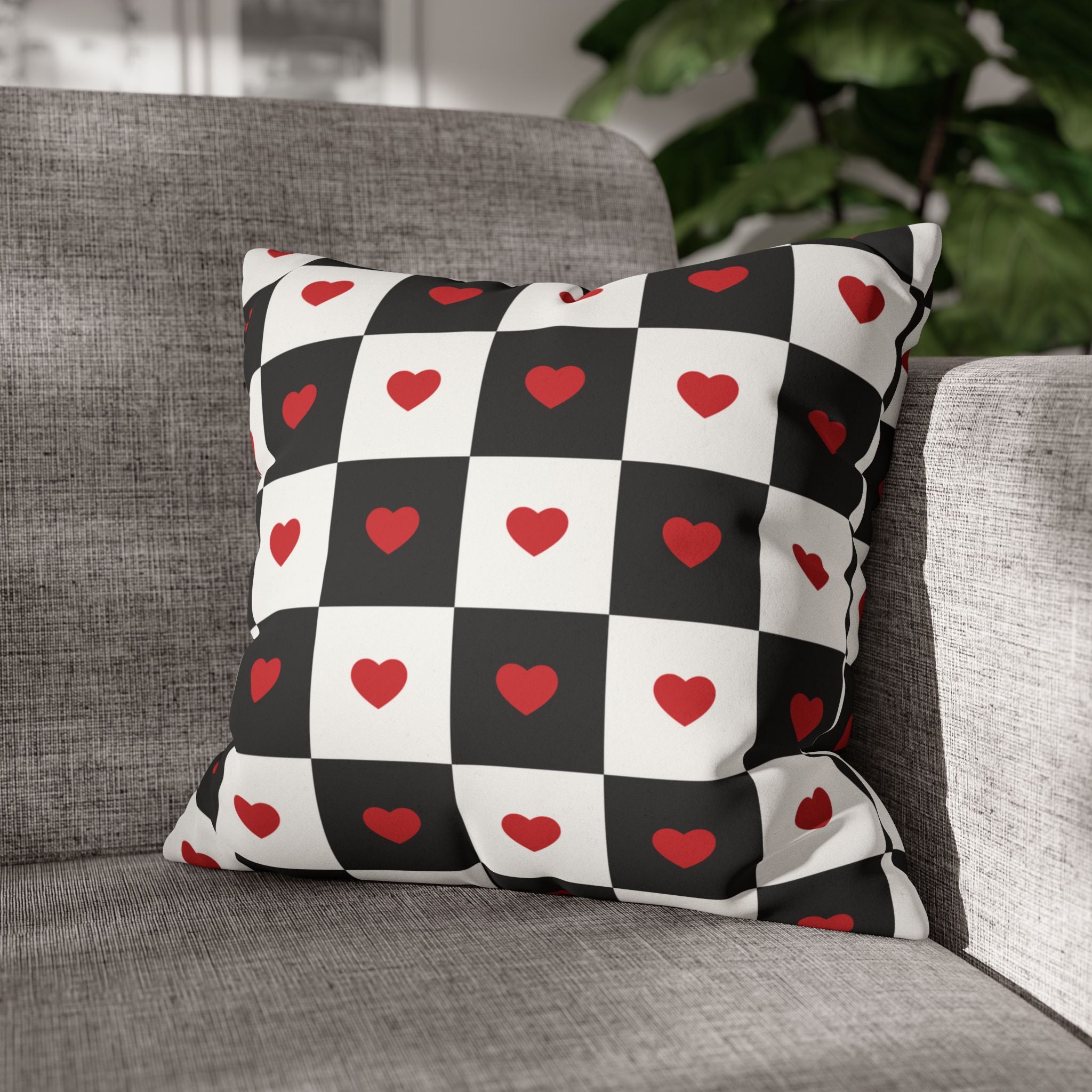 Valentines Pillowcase, Heart Pillow Cover, Checkered Decor, Faux Suede Cushion, Valentine's Day Gift, Square Throw Pillow, Love Home Decor