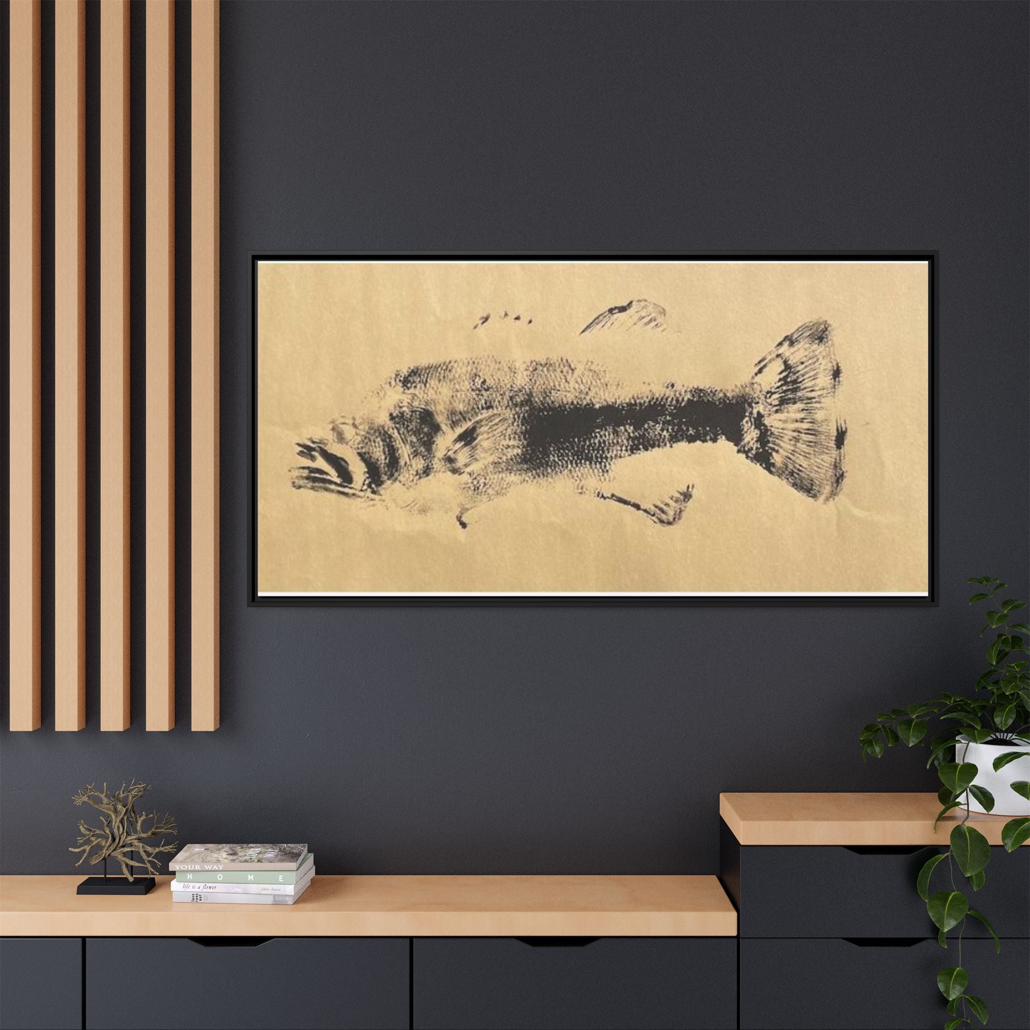 Gyotaku Fish Matte Canvas, Framed Gyotaku print by rubbing the body of an inked fish